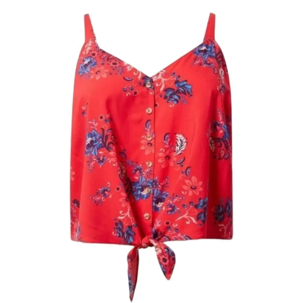 TORRID Red Floral challis button down crop top with  pull on pant set NWT